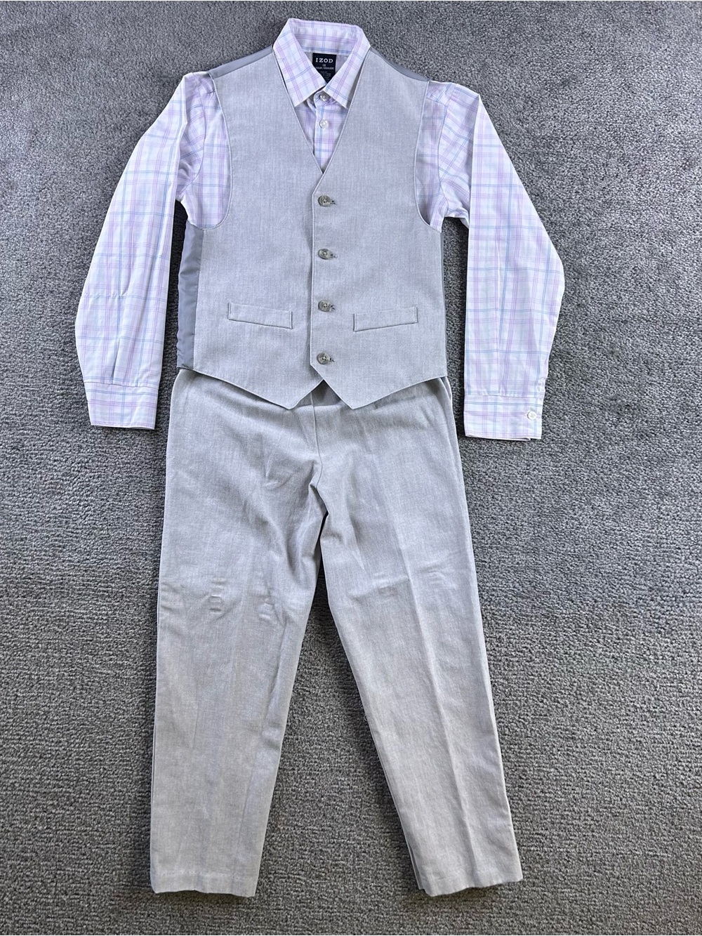 IZOD Light Gray Suit Vest & Pants with Lavender Plaid Shirt Youth 10 Wedding